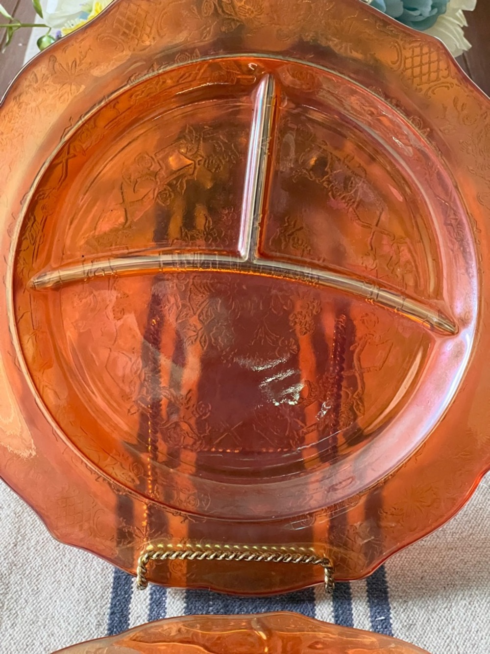 4 Vtg Federal Normandie Marigold Sunburst Carnival Glass Divided Dinner Plates - Picture 5 of 10
